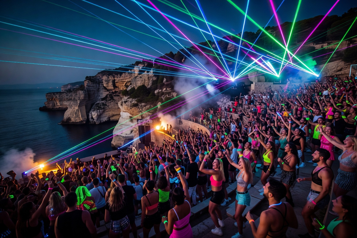 Crowd partying at Destino TOX Ibiza open air cliffside amphitheatre under neon laser beams