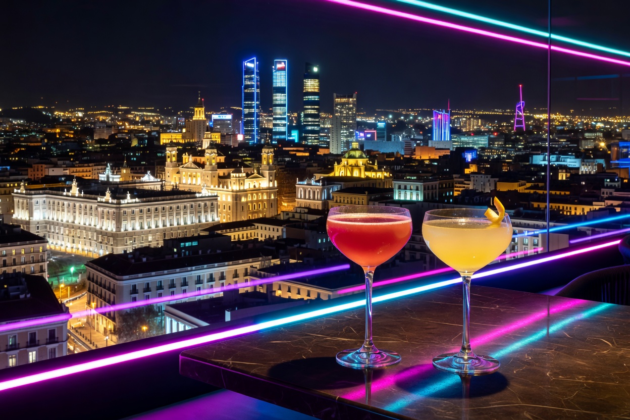 Madrid illuminated skyline view from Ginkgo Sky Bar with cocktail glasses and dramatic neon lighting