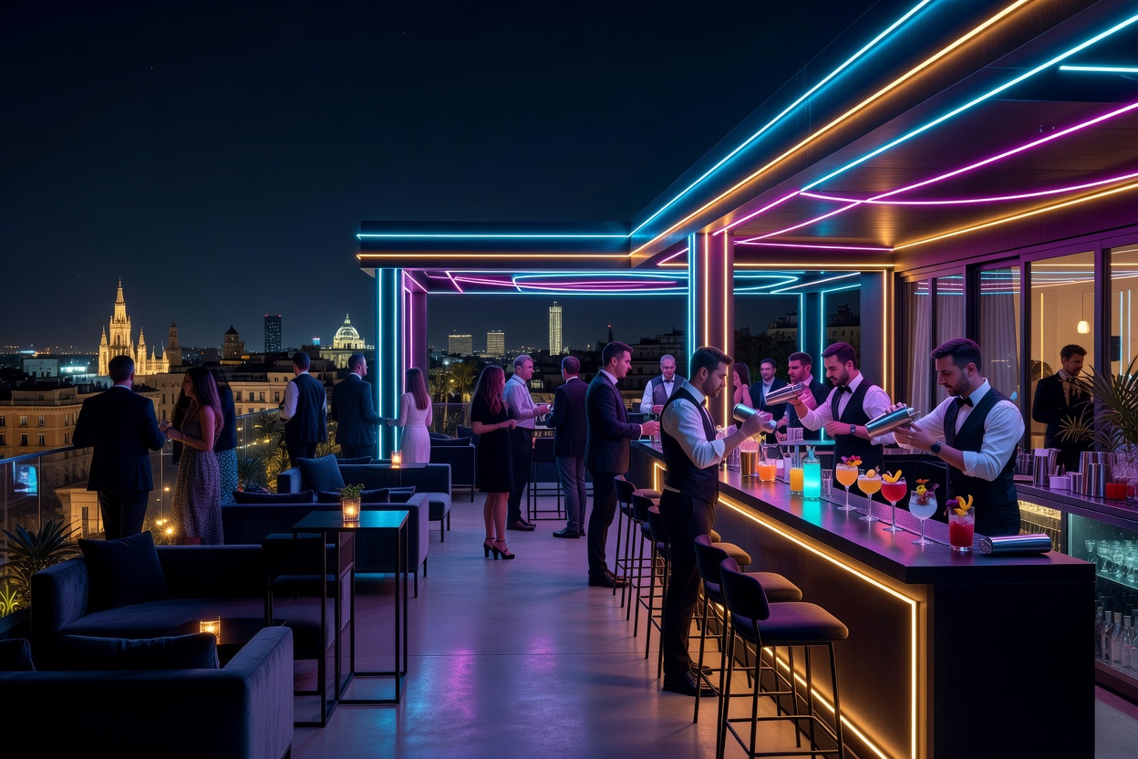 Valencia city center rooftop night terrace with cocktail bar and neon architectural glow
