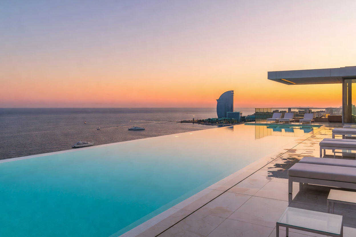 W Barcelona Wet Deck open-air luxury infinity pool overlooking the Mediterranean skyline